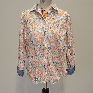 St. John's Bay button down shirt with pink, blue yellow flowers. Denim trim L